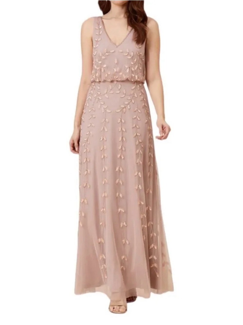 Adrianna Papell Beaded Mauve Beaded Floral Formal Dress with V-Neck